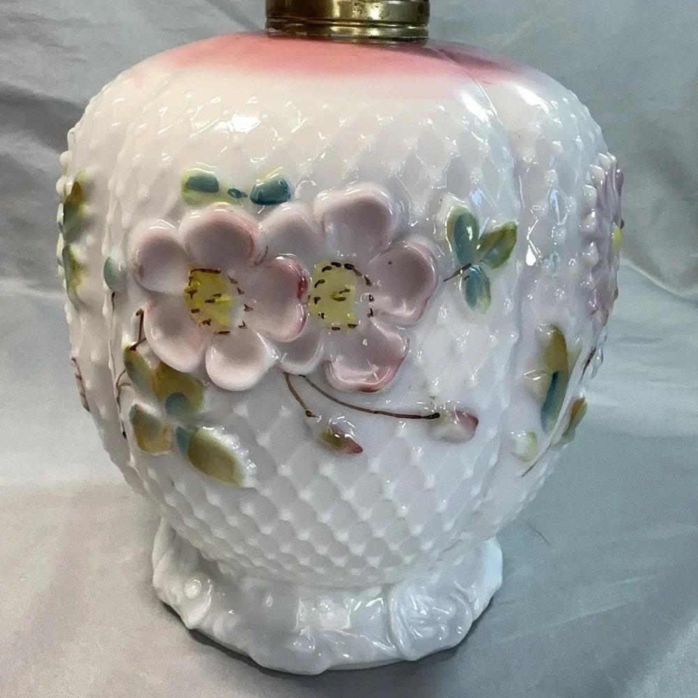 Antique Oil Lamp Base Consolidated Glass Florette Pink Blush Bulging Petal
